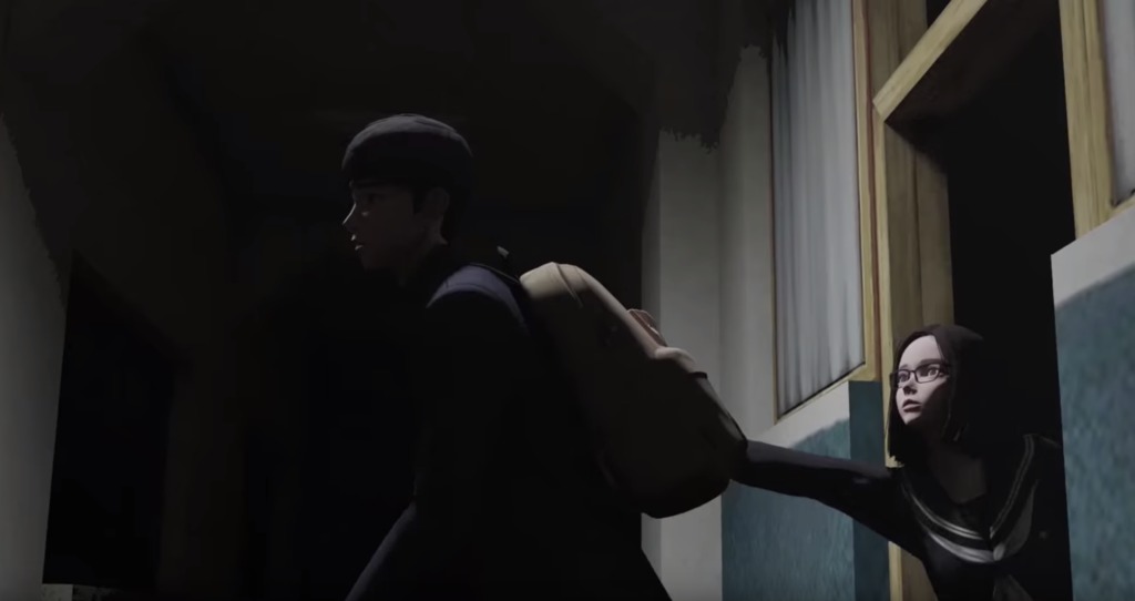 制服を着た少女に掴まれる少年