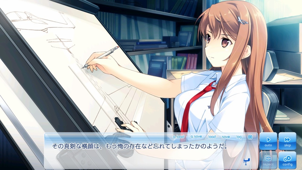茶髪の少女が製図をしている