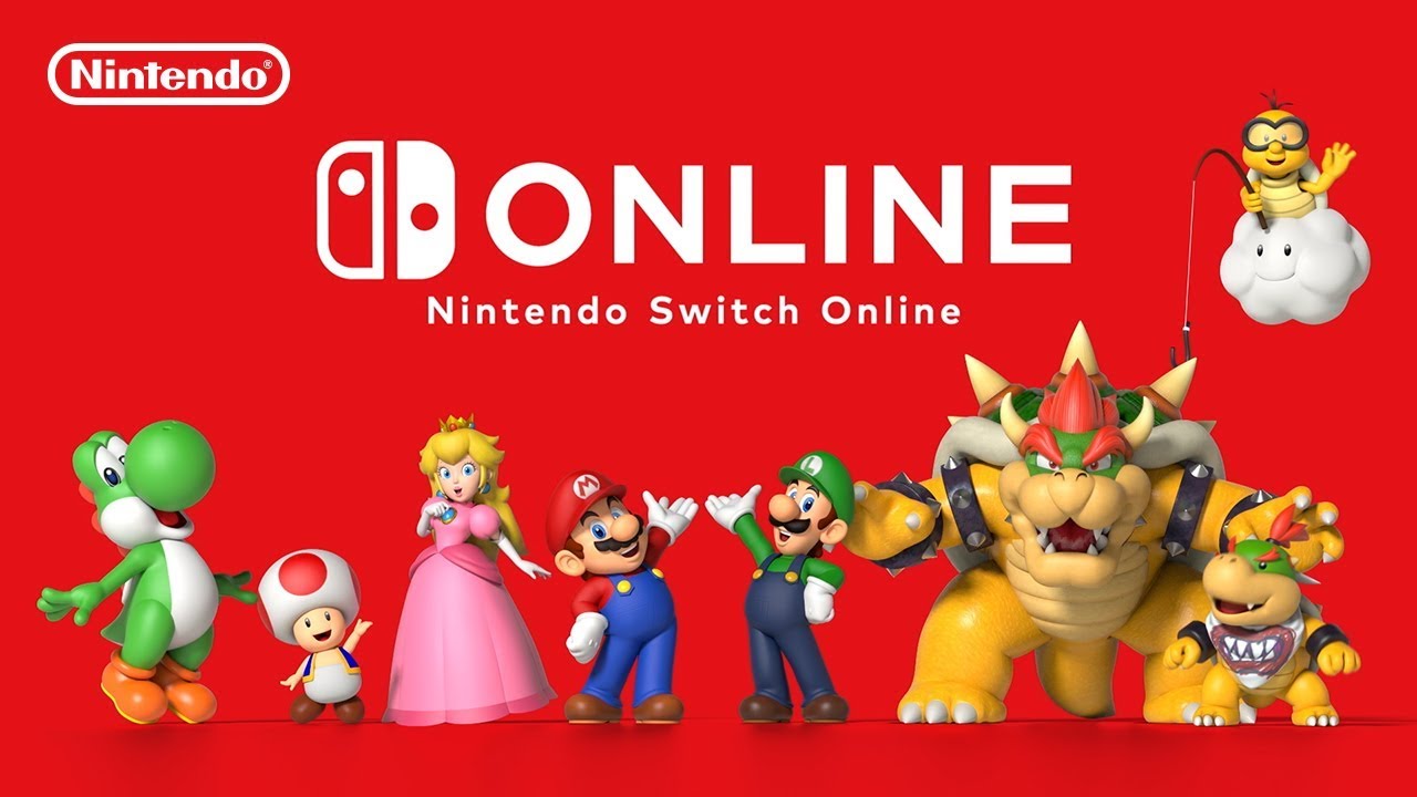 Nintendo Switch Onlineのロゴとマリオ、ルイージ、ピーチ、キノピオ、クッパ