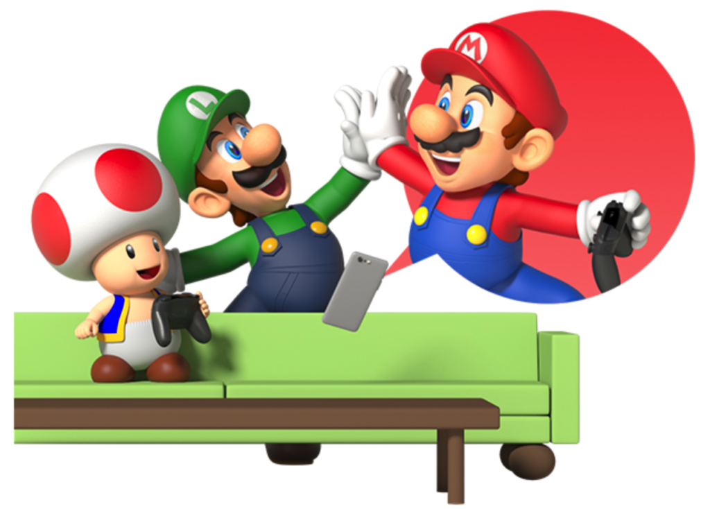 マリオとルイージが手を合わせており、キノピオがコントローラーを持っている