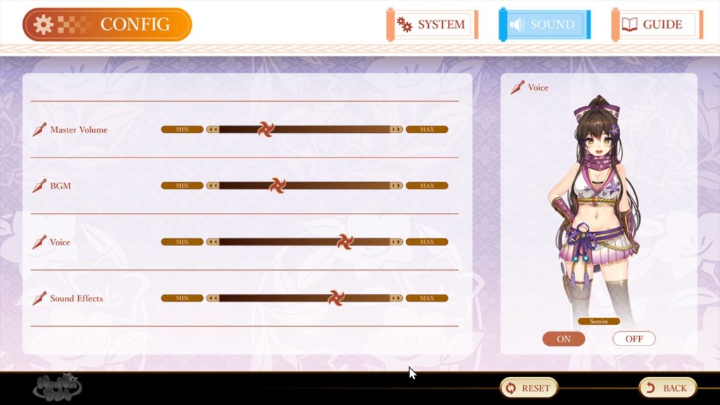 NinNinDaysのコンフィグ画面